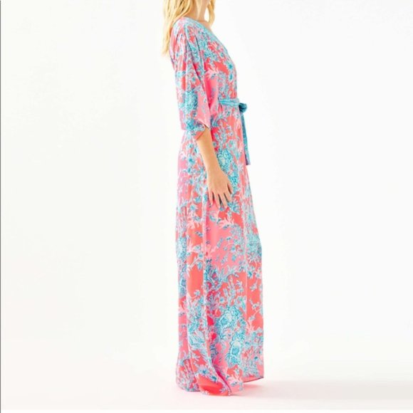 New Lilly Pulitzer Carmynn Maxi Caftan Coral Spritz Shelly Bay Maxi Dress - Picture 7 of 16